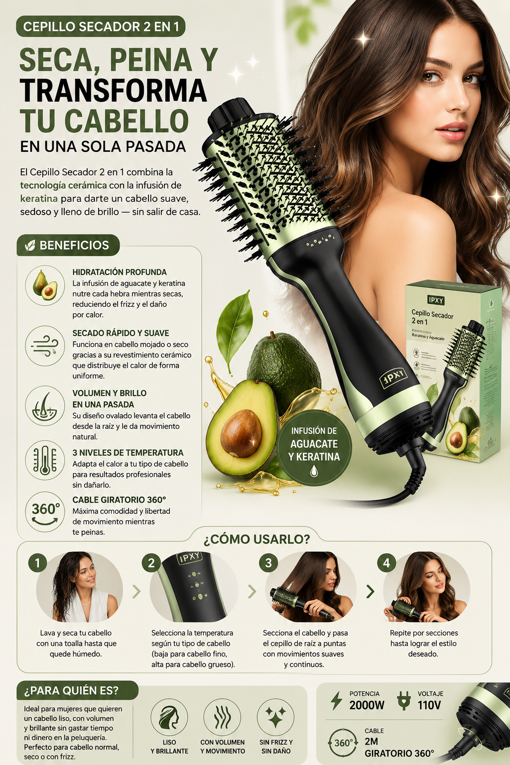 Cepillo Secador 2 en 1 con Infusión de Keratina y Aguacate