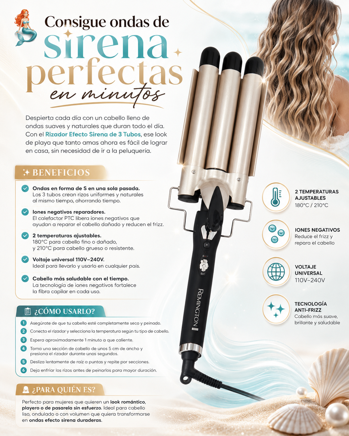 Rizador de Pelo Efecto Sirena — Ondas en S con 3 Tubos